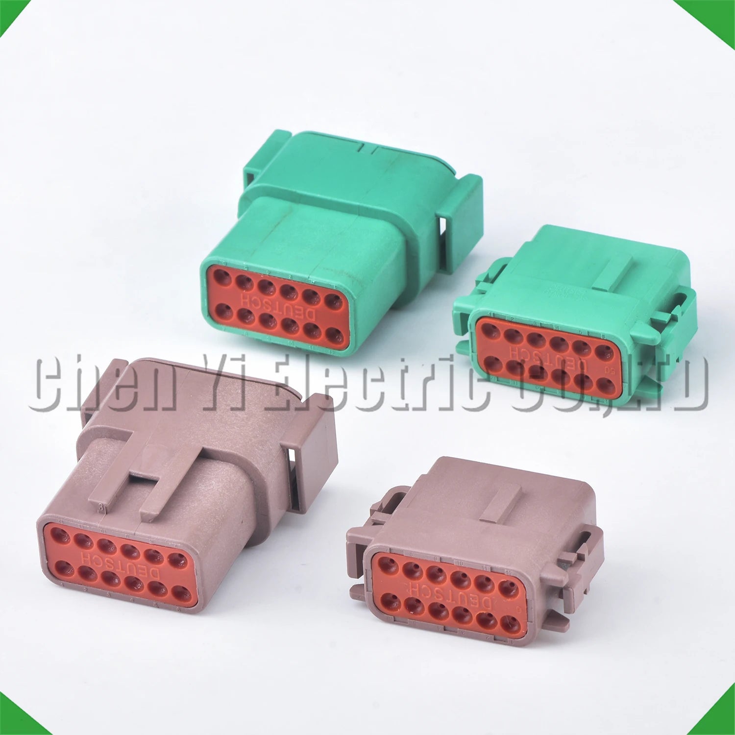 Close-up of 12 Pin Deutsch DTM series wire harness plug for automotive electrical connections