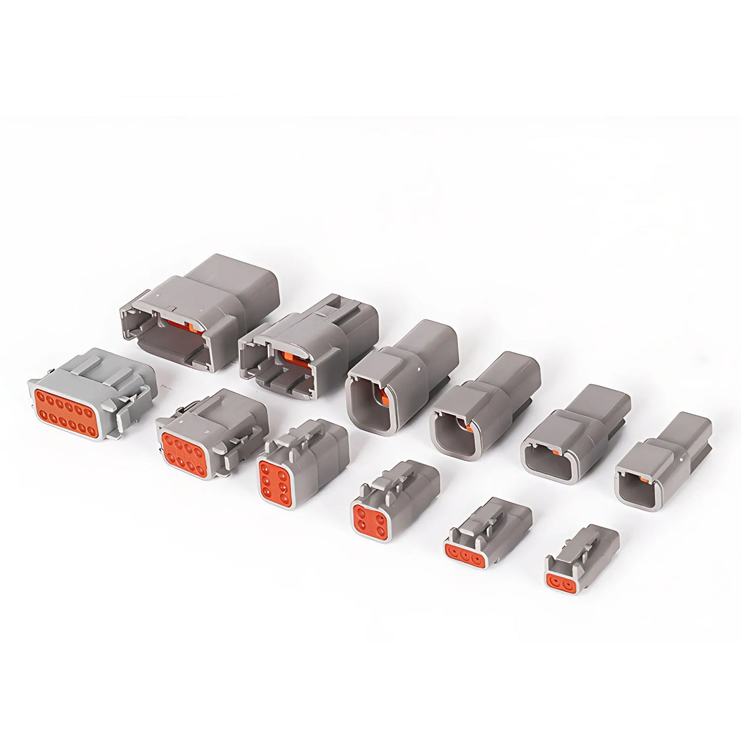 Close-up of Deutsch DTM04-2P and DTM06-2S waterproof connector for 16-22AWG wires, male and female