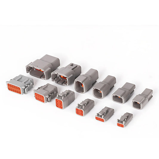 Close-up of Deutsch DTM04-2P and DTM06-2S waterproof connector for 16-22AWG wires, male and female