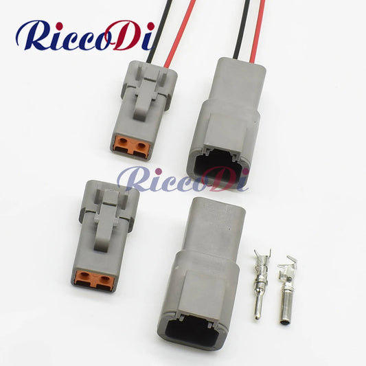 Front view of 2 pin DTP series male and female waterproof automotive connector plug