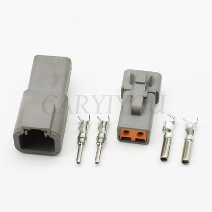 Overview of 2 pin DTP series male and female connector plug showing full assembly