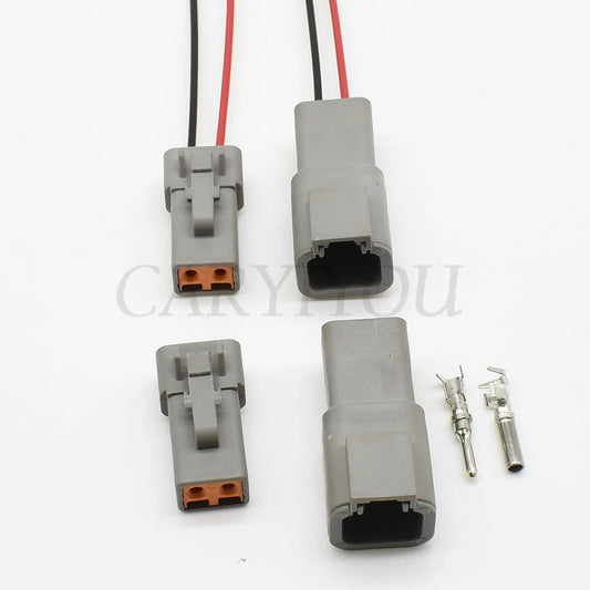 Side view of DTP series 2 pin waterproof connector showing secure wire terminals
