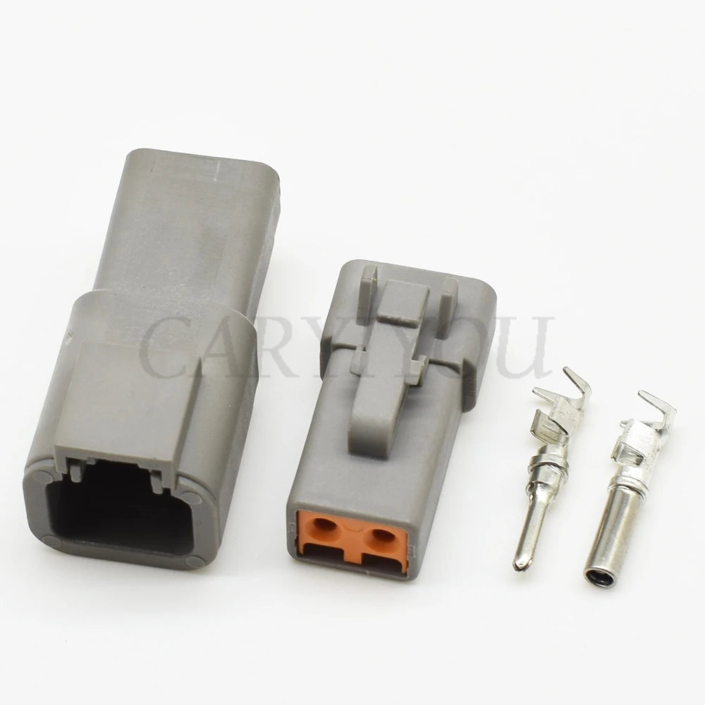 Detailed view of 2 pin DTP series waterproof connector terminals for precise connections