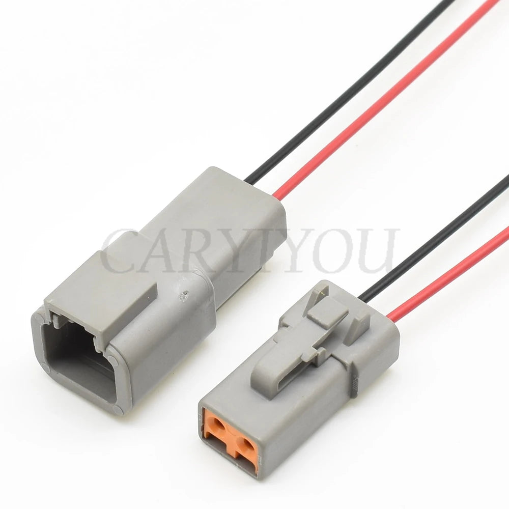 Close-up of DTP series 2 pin male and female connector plug for reliable auto wiring