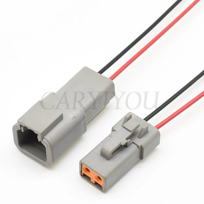 Close-up of DTP series 2 pin male and female connector plug for reliable auto wiring