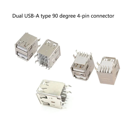 Dual USB Type-A female solder PCB receptacle 90° 4-pin connector with rolled edge