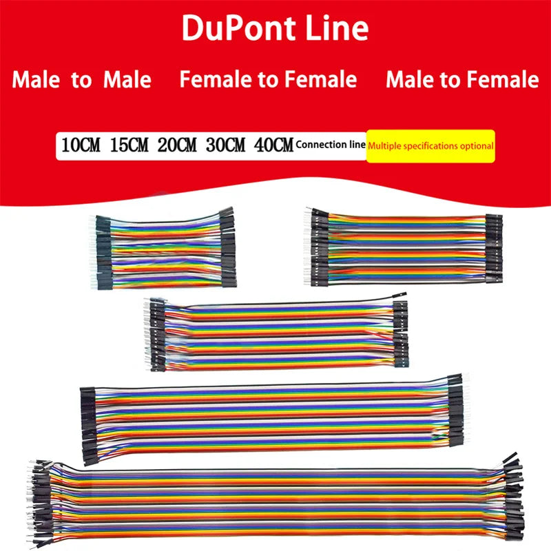 DuPont jumper wires for electronics prototyping, including female-to-female, male-to-female, and male-to-male connections