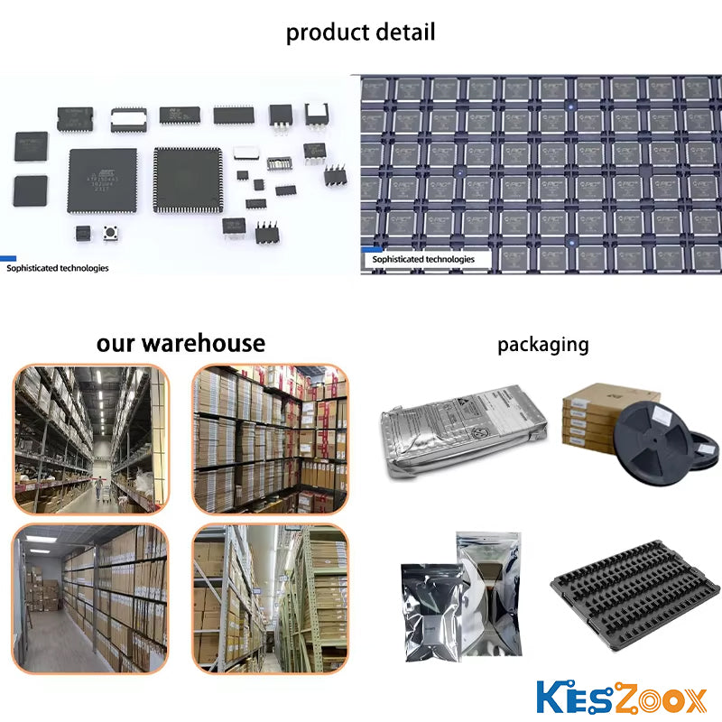 Keszoox electronic components product detail and packaging — QFP DIP SOP SOT IC chips and tactile switch assortment, BGA chip wafer-level close-up sophisticated technologies, four-view warehouse facility, four packaging types: anti-static bag, tape-and-reel, moisture barrier bag MBB, IC tray — professional PCBA production packaging