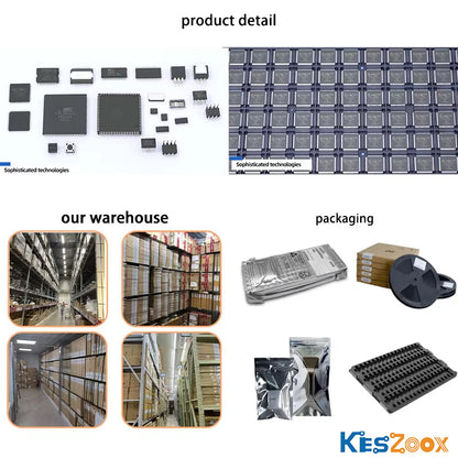 Keszoox electronic components product detail and packaging — QFP DIP SOP SOT IC chips and tactile switch assortment, BGA chip wafer-level close-up sophisticated technologies, four-view warehouse facility, four packaging types: anti-static bag, tape-and-reel, moisture barrier bag MBB, IC tray — professional PCBA production packaging