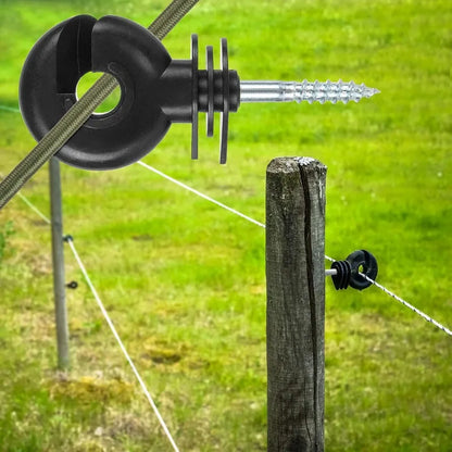 Close-up of electric fence insulator structure for wood posts