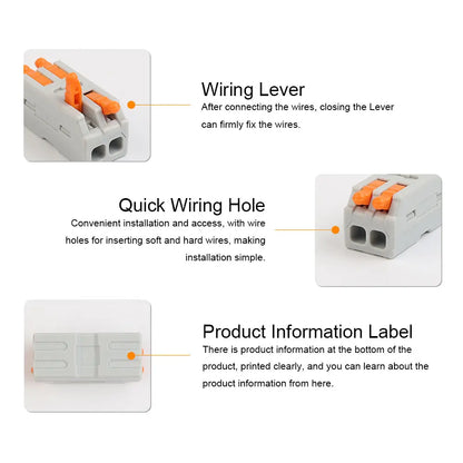 Close-up of mini fast wiring connector structure for electrical conductors