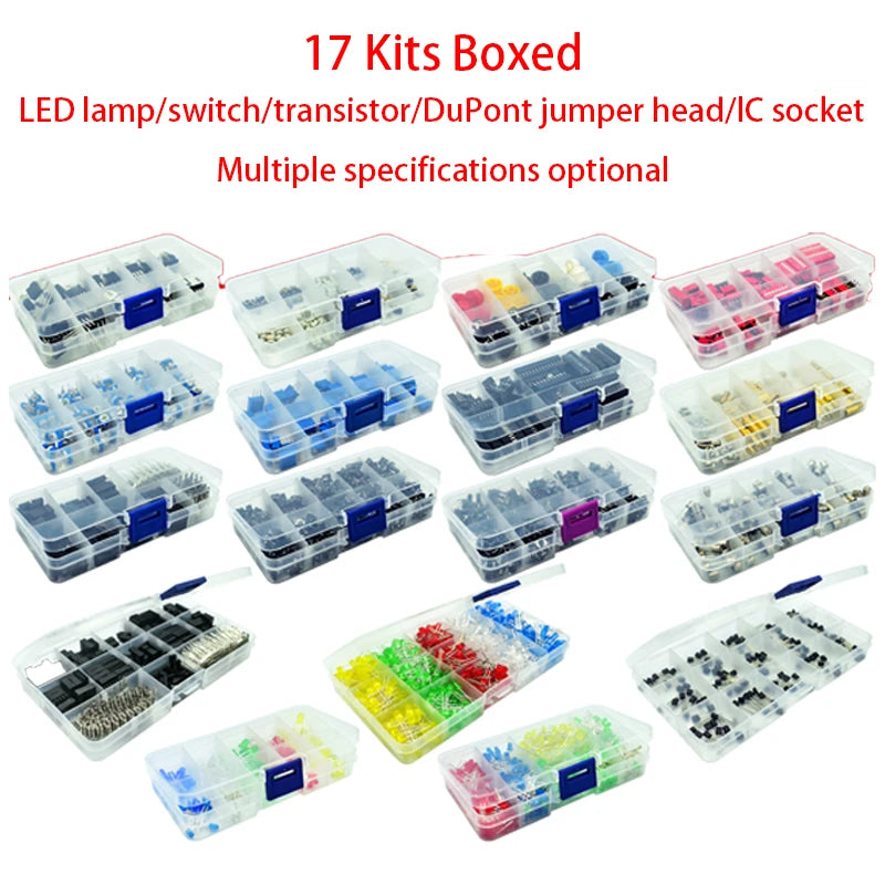 Electronic component kit box including LEDs, transistors, IC sockets, switches, keys, and DuPont jumper wires, suitable for DIY electronics and prototyping projects