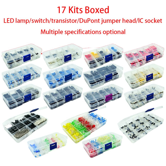 Electronic component kit box including LEDs, transistors, IC sockets, switches, keys, and DuPont jumper wires, suitable for DIY electronics and prototyping projects
