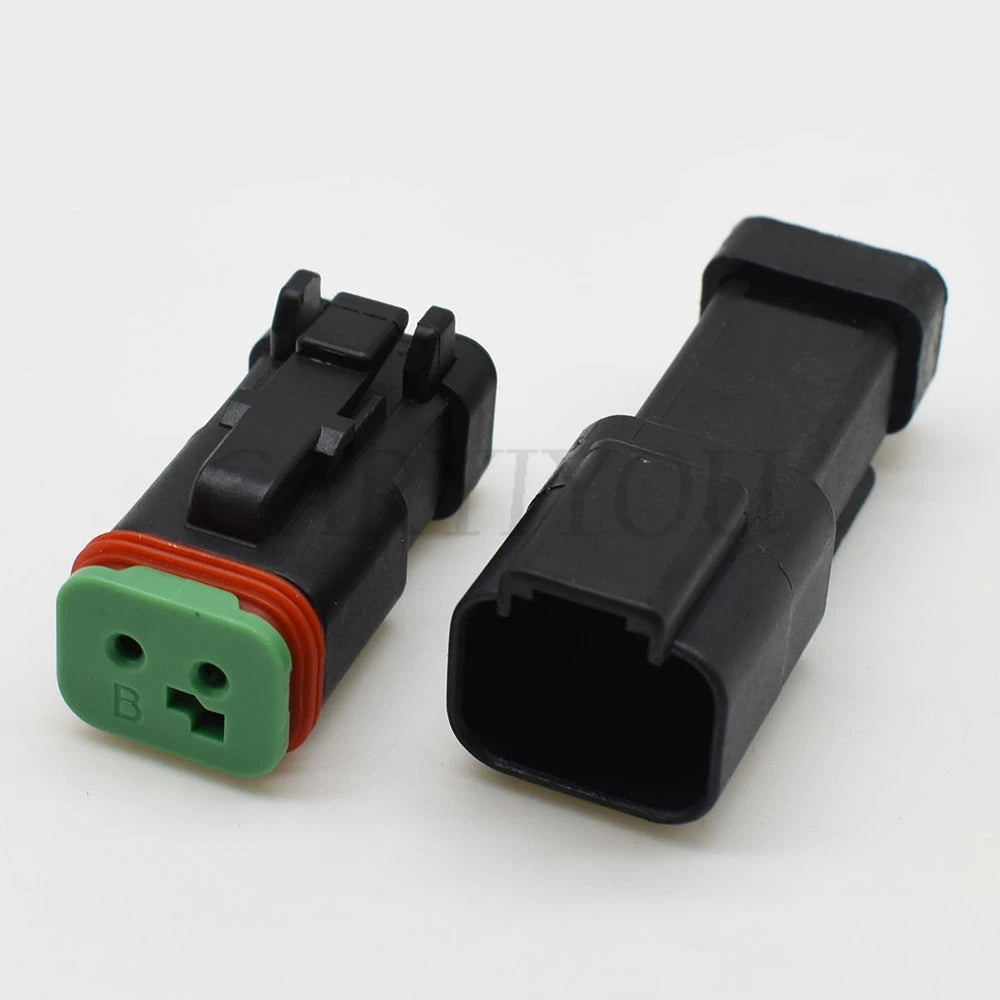 detail of DT series 2 pin automotive connector plug showing robust terminals and waterproof housing