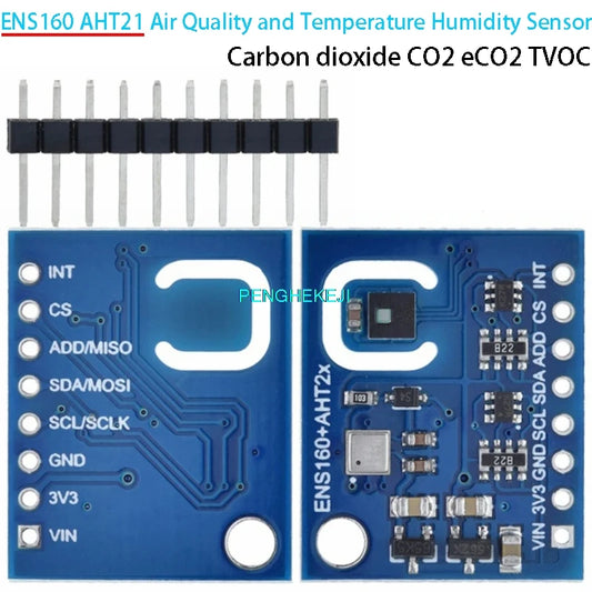 ENS160 AHT21 air quality sensor module measuring CO2, eCO2, TVOC, temperature, and humidity for electronics and IoT projects