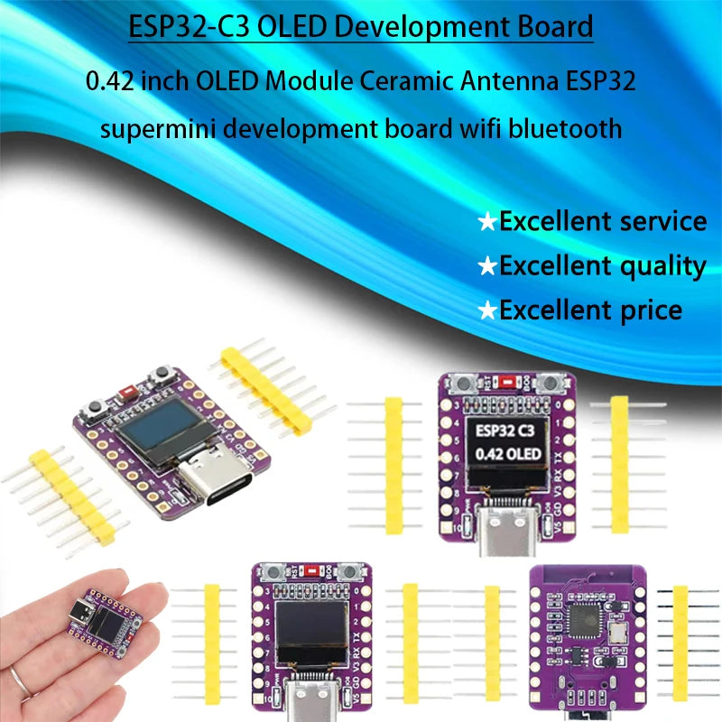ESP32-C3 supermini development board with 0.42 inch OLED module and ceramic antenna, supporting WiFi and Bluetooth for DIY electronics and IoT projects