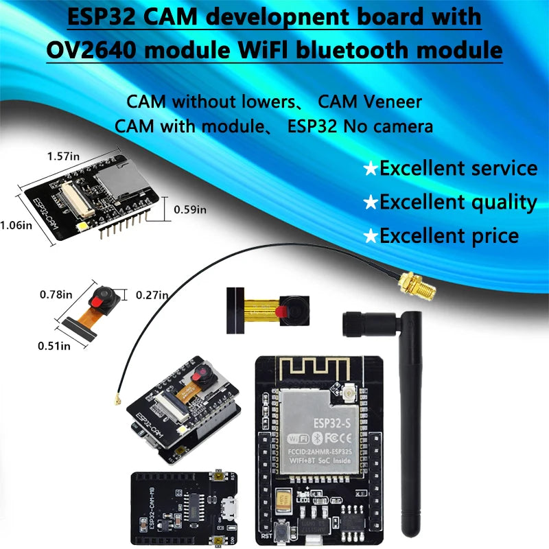 ESP32-CAM development board ESP-32S with WiFi and Bluetooth, featuring OV2640 camera, compatible with DIY electronics and IoT projects