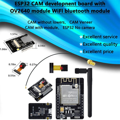 ESP32-CAM development board ESP-32S with WiFi and Bluetooth, featuring OV2640 camera, compatible with DIY electronics and IoT projects