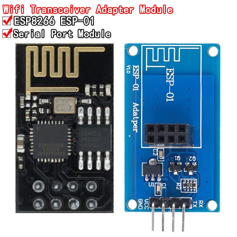 ESP8266 ESP-01 serial WiFi adapter module with 3.3V/5V breakout PCB, compatible with Arduino and DIY IoT projects