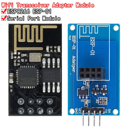 ESP8266 ESP-01 serial WiFi adapter module with 3.3V/5V breakout PCB, compatible with Arduino and DIY IoT projects