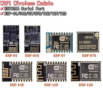 ESP8266 and ESP32 serial WiFi wireless module, includes ESP-01, ESP-01S, ESP-07, ESP-07S, ESP-12, ESP-12E, ESP-12F, ESP-32S, ideal for Arduino and IoT projects