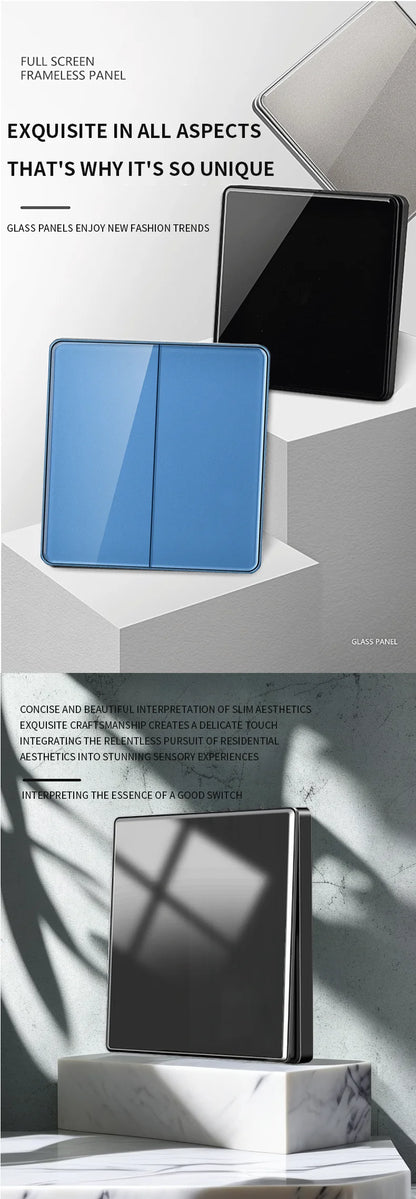 Series of EU, Russia, France, UK AC wall switch panels 86-type with crystal tempered glass and toggle press mechanism