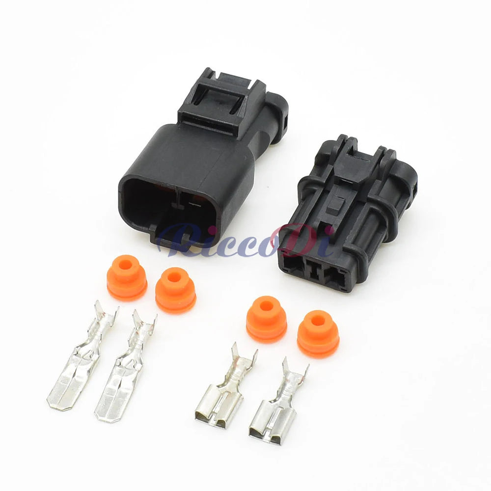 Close-up of terminals on 2 pin waterproof excavator electrical connector for secure pressure and speed signal connections