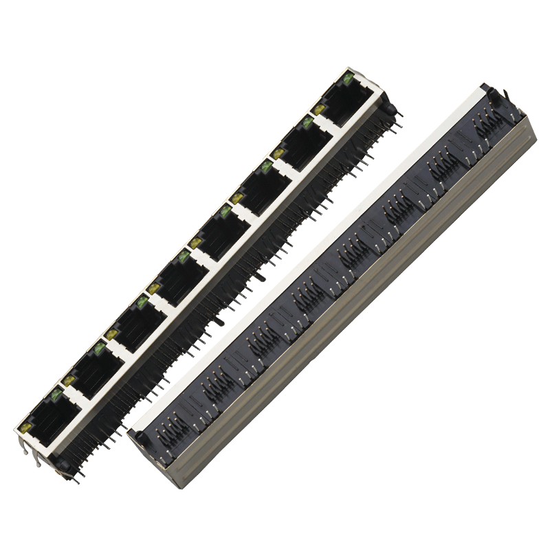 8-Port Stacked RJ45 Connector — 1×8 Gang PCB Mount Modular Jack | THT Through-Hole | Shielded Metal Housing | 127mm