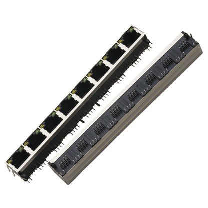 8-Port Stacked RJ45 Connector — 1×8 Gang PCB Mount Modular Jack | THT Through-Hole | Shielded Metal Housing | 127mm