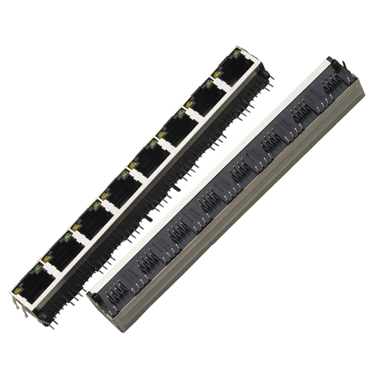 8-Port Stacked RJ45 Connector — 1×8 Gang PCB Mount Modular Jack | THT Through-Hole | Shielded Metal Housing | 127mm