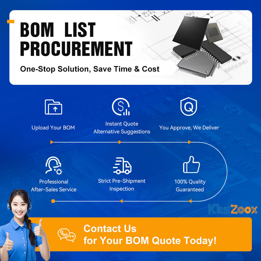 Keszoox BOM list procurement service — one-stop solution save time and cost — 6-step process: upload your BOM, instant quote with alternative suggestions, you approve we deliver, professional after-sales service, strict pre-shipment inspection, 100% quality guaranteed — female customer service agent with headset — contact us for your BOM quote today for passive components resistors capacitors inductors MOSFETs transistors diodes worldwide shipping

