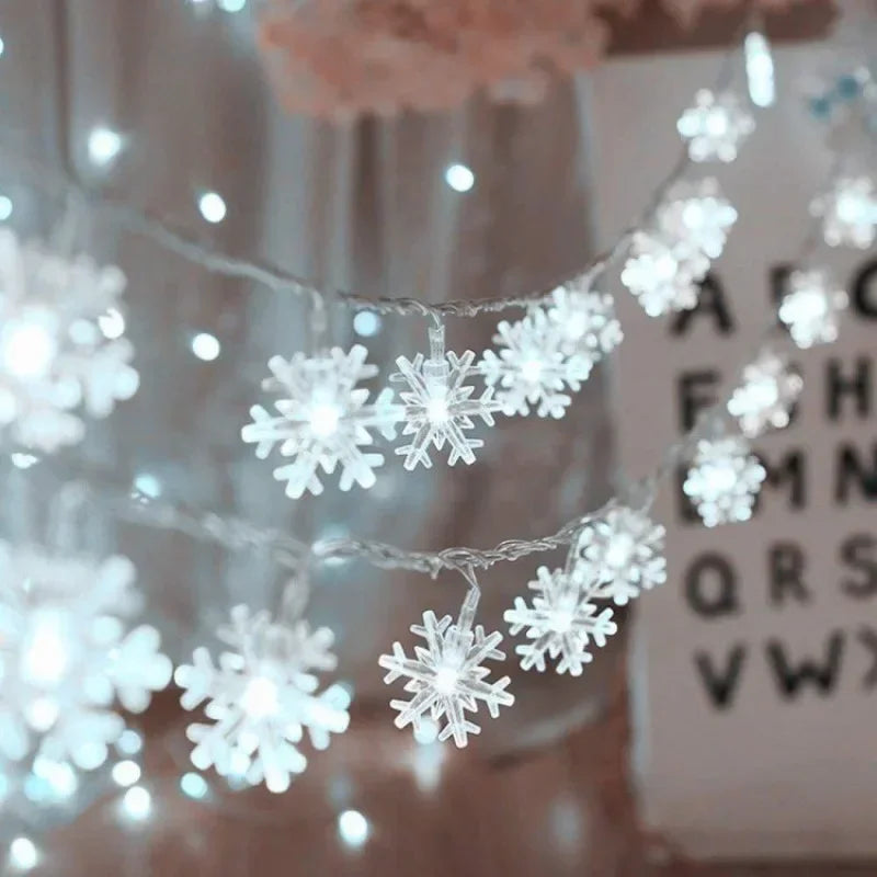 Detailed view of USB and battery operated snowflake LED string lights for festive decoration