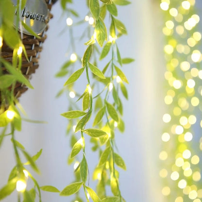 Close-up of willow leaf LED fairy lights, ideal for Christmas, wedding, or party decoration