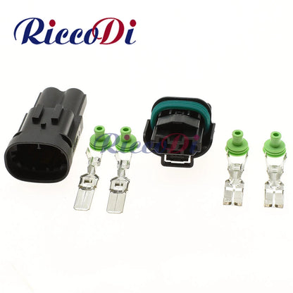 Front view of 2 pin waterproof automotive fan motor connector plug with male and female terminals