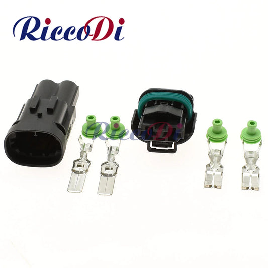 Front view of 2 pin waterproof automotive fan motor connector plug with male and female terminals