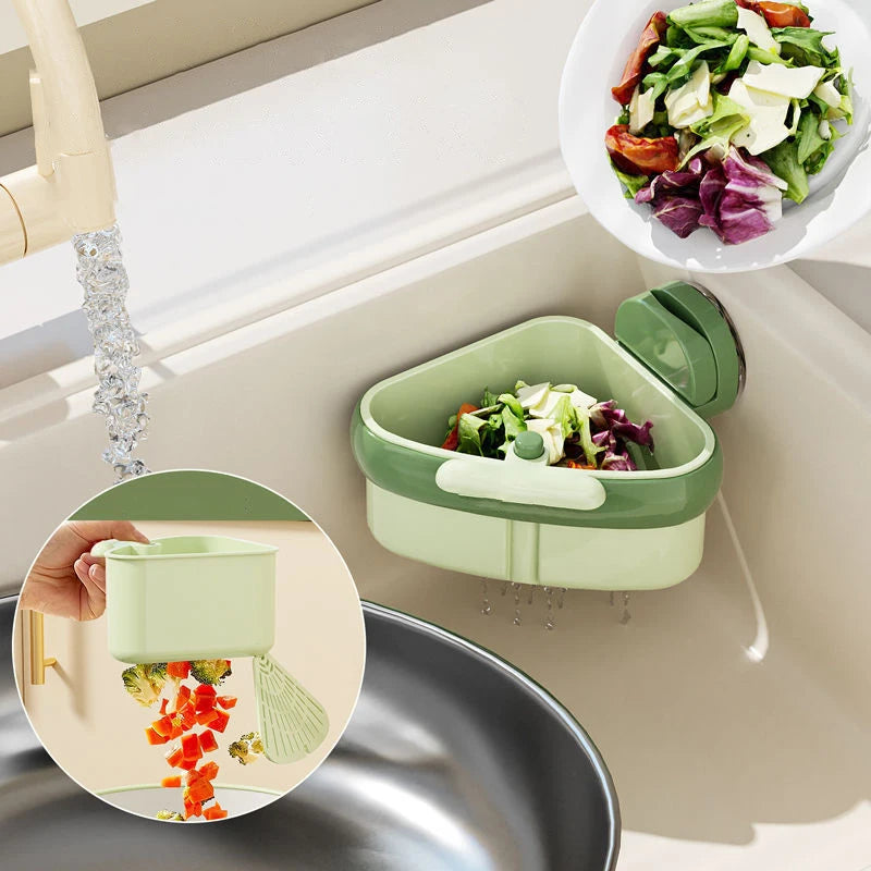 Detailed view of faucet sponge storage rack integrated with sink strainer basket