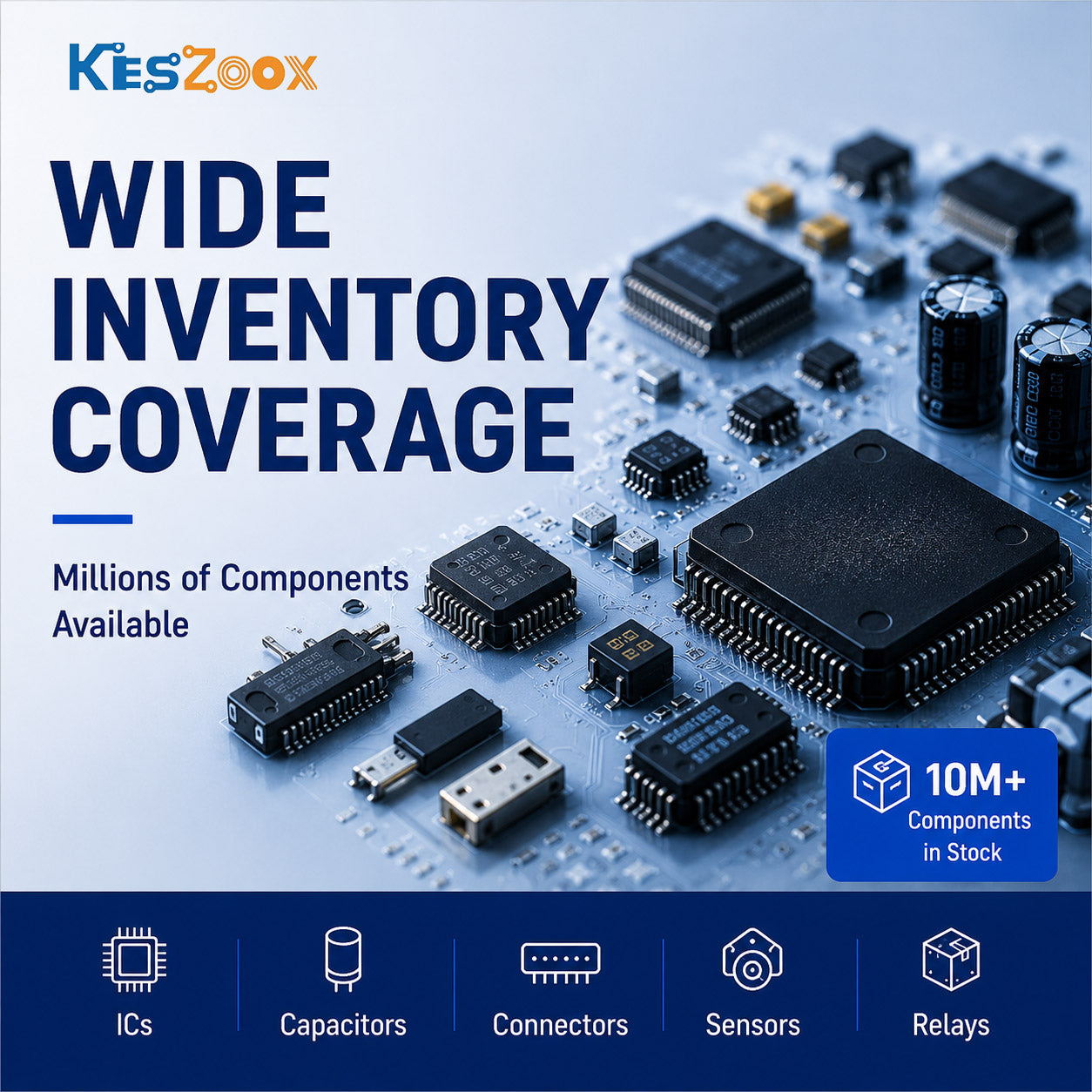 Keszoox wide inventory coverage — 10M+ electronic components in stock — IC chips, capacitors, connectors, sensors, relays — QFP LQFP BGA SOP DIP QFN package types on PCB — millions of components available for immediate shipping