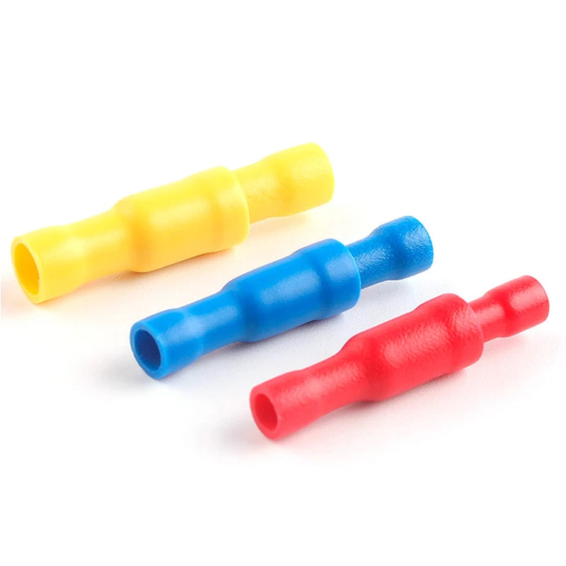 Close-up of PVC bullet shaped female and male butt terminals for electrical audio wiring