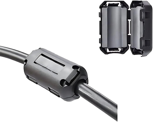 Snap-on ferrite core clamp showing 3.5–15mm ring magnetic bead, EMI RFI noise filter for USB, power, audio, and video cables