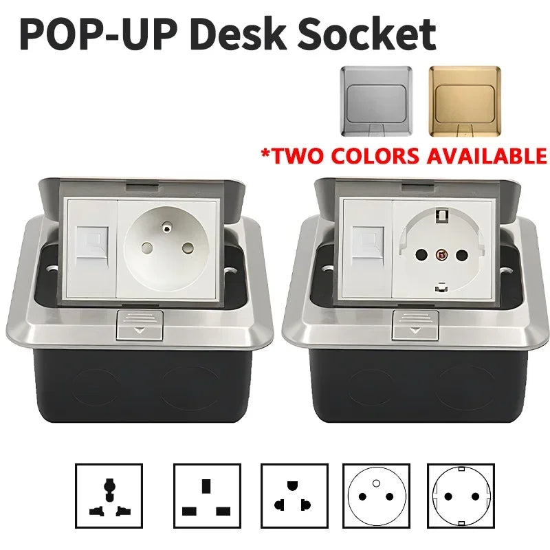 Floor electrical outlet pop up for kitchen countertop, waterproof sockets, pop out receptacle, stainless steel box with golden cover, 15A