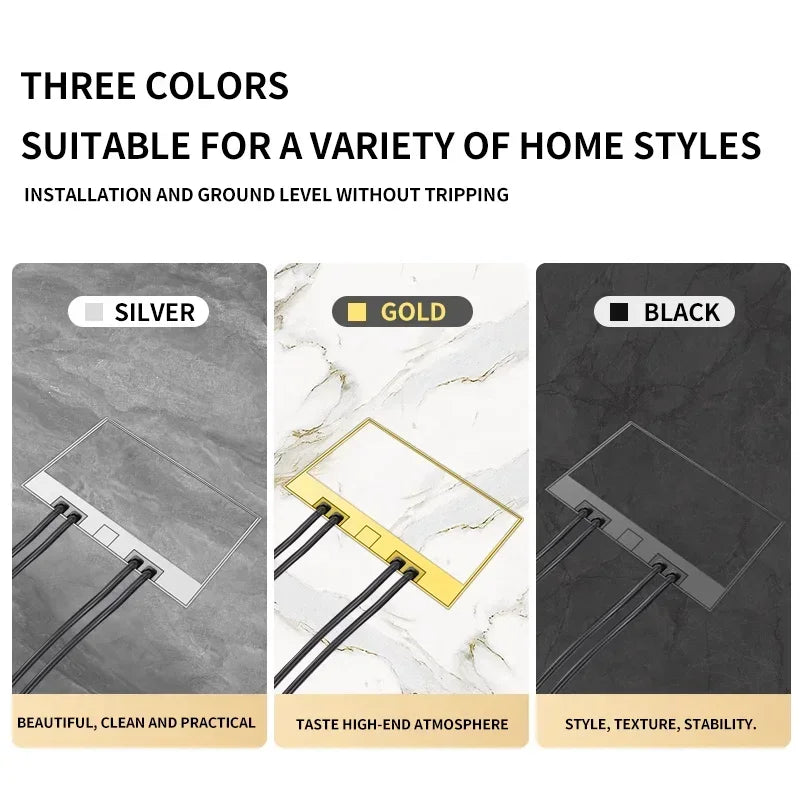 Hidden inlaid floor socket installed in home or office, ultra-thin design, multiple AC power outlets, and USB charging port