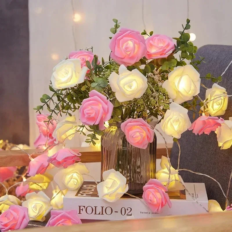 Battery powered flower string lights with LED roses for indoor and outdoor use