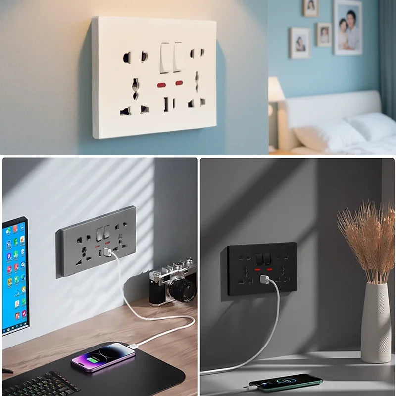Universal Wall Socket with USB-C and USB Charger 2 Gang Power Outlet w ...