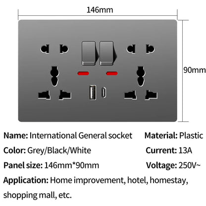 Flush mount universal wall socket with dual switches and USB-C charging port, AC 110-250V power outlet