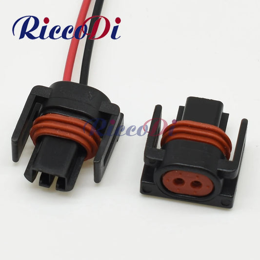 Front view of 2 pin automotive fuel injector connector plug sealed wiring harness socket