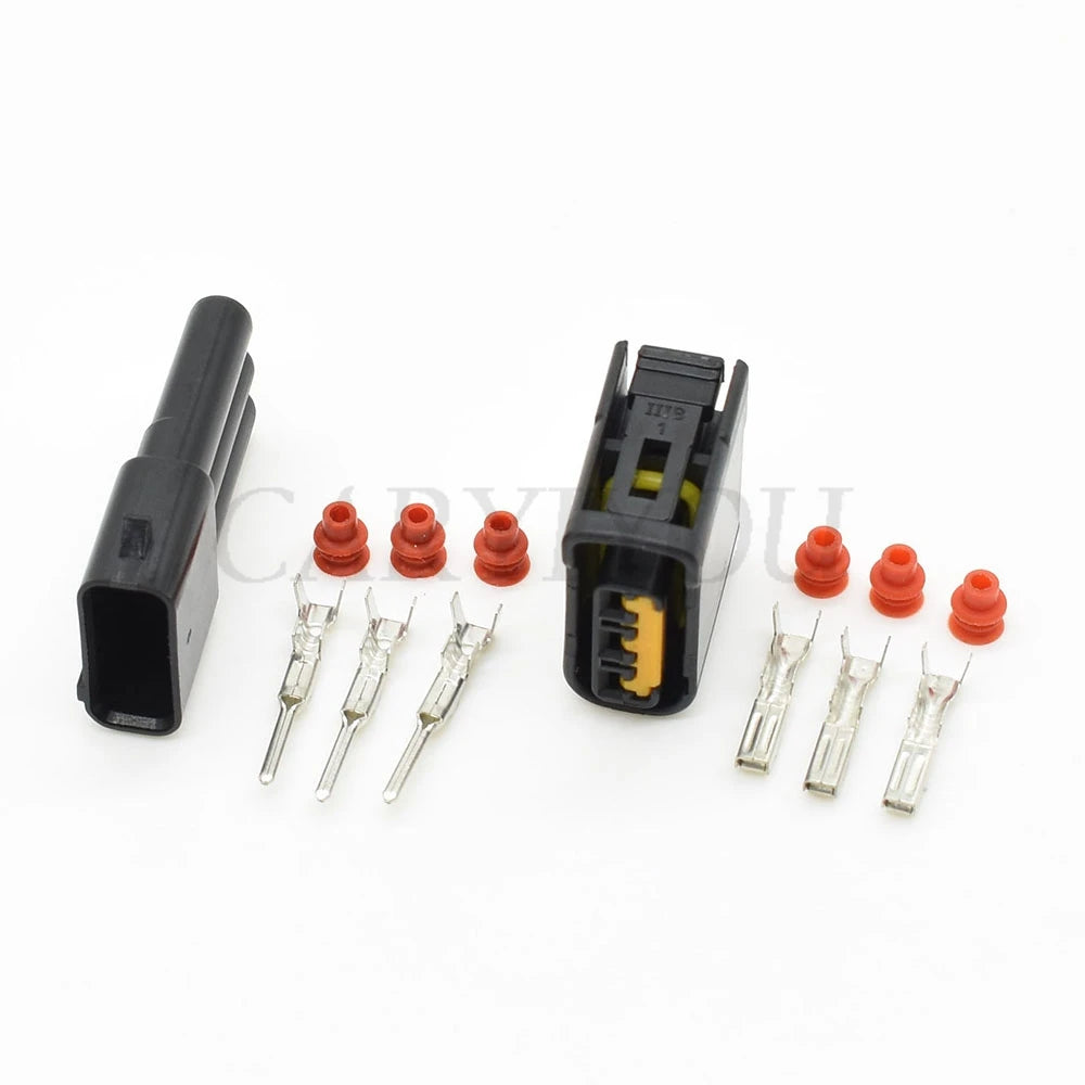 3-Pin Furukawa ignition coil connector FW-C-D3F-B installed in Subaru wiring harness showing secure and waterproof female connection