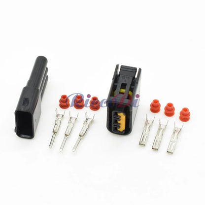 Close-up of 3-Pin terminals of Furukawa ignition coil connector FW-C-D3F-B for secure connection in Subaru vehicles