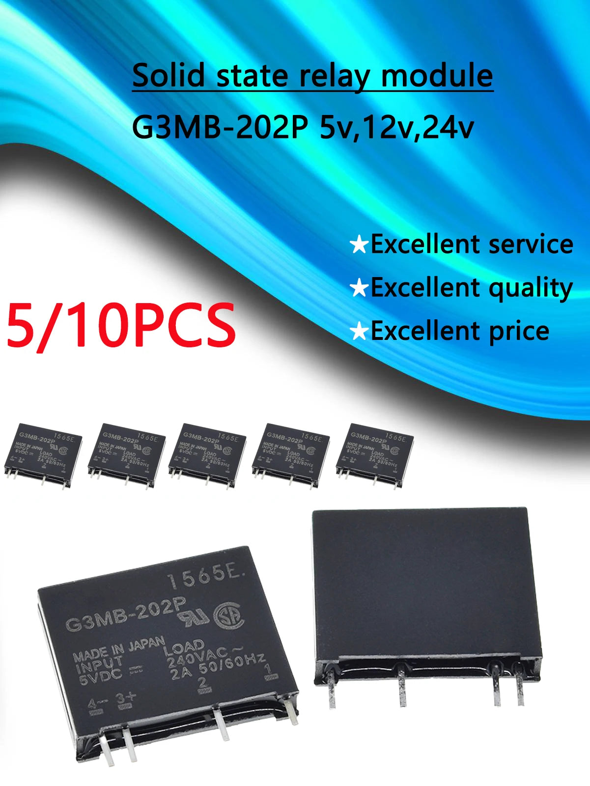 G3MB-202P solid state relay module with DC control and AC output, four-pin SSR for electronics and automation projects