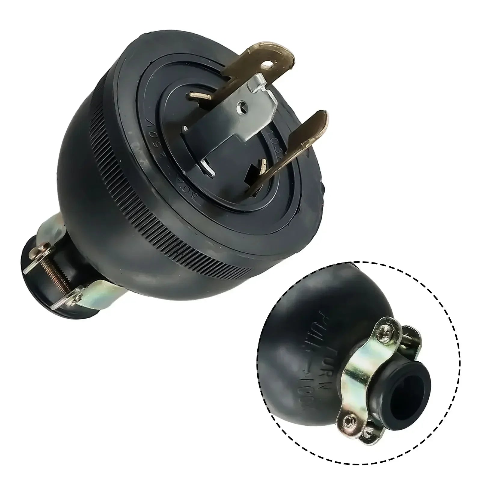 2KW generator plug structure showing anti-loose design, three-pole configuration, AC 250V 30A