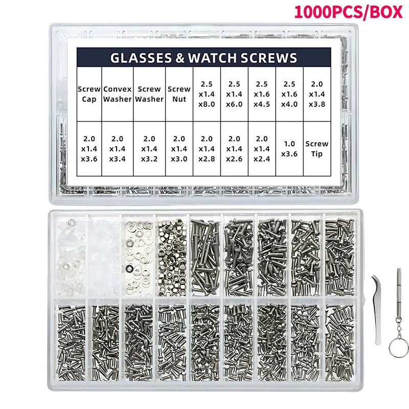Glasses watch repair kit with screws, dual head screwdrivers, and precision tweezers set for eyewear and jewelry fix tools with case